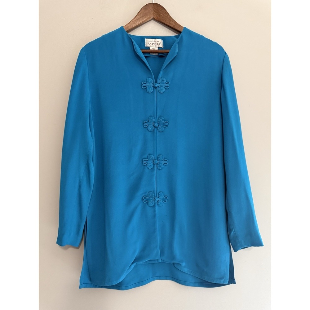 Vintage Adrianna Papell Silk Blouse Jacket Blue For Closure Oriental Style Sz 8